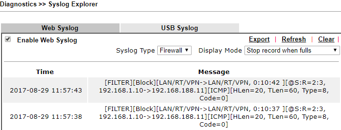 syslog showing the firewall is working correctly